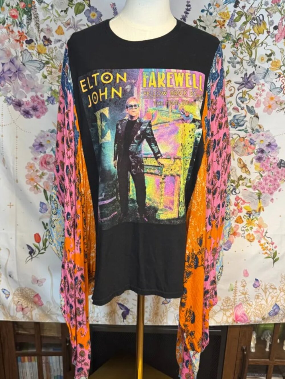 Elton John Upcycled Graphic T-Shirt with Flowy Colorful Printed Sleeves - OSFM